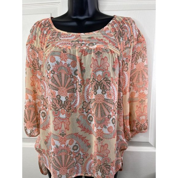 Lauren Conrad Blouse Womens Size Extra Small XS 3/4 Sleeve Peach Sheer Hi Lo Top - Picture 3 of 9
